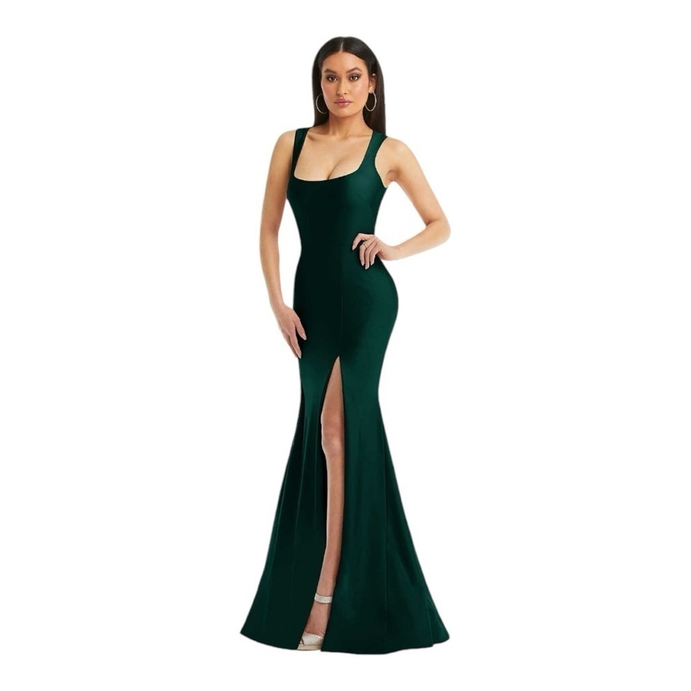 Cynthia & Sahar Square Neck Stretch Satin Mermaid Dress with Train in Evergreen